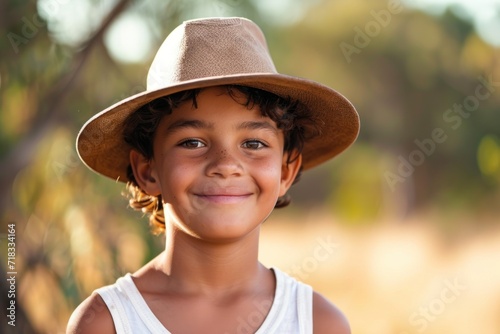 Portrait of happy aboriginal boy wearing hat for sun protection with bokeh bushland background photo