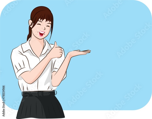 The young Asian student with uniform standing to presenting on the blue background. 