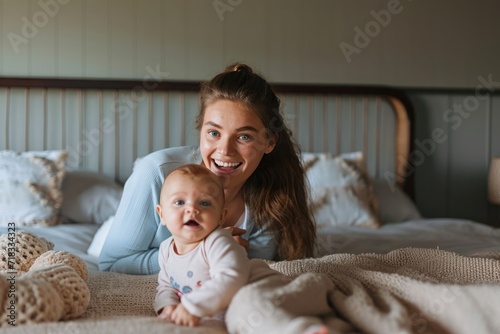 Happy mother playing with baby at home