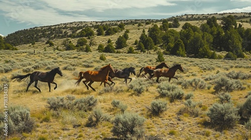 Wild horses herd running in dry steppe with green trees