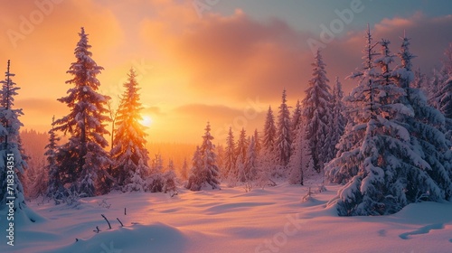 Winter landscape wallpaper with pine forest covered with snow and scenic sky at sunset. Snowy fir tree in beauty nature scenery. Christmas and new year greeting card background.
