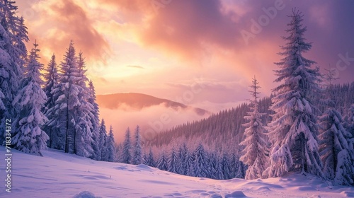 Winter landscape wallpaper with pine forest covered with snow and scenic sky at sunset. Snowy fir tree in beauty nature scenery. Christmas and new year greeting card background. © Khalif