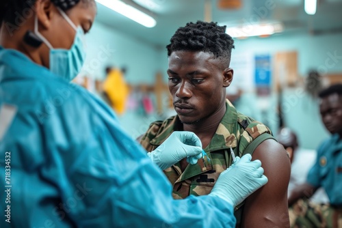 Young army man getting vaccinated by a health worker at the clinic photo
