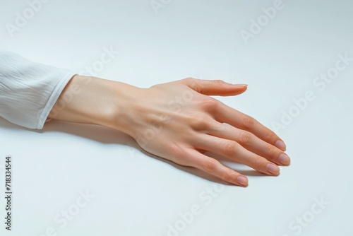 Female's hand over white background.