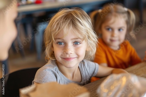 Smiling blond boy sitting with sisters at dining table