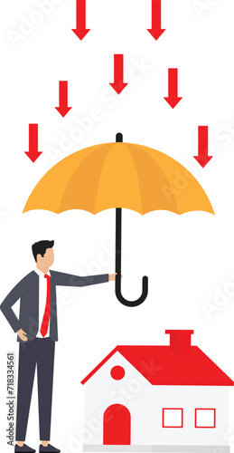 Umbrellas and real estate and stock market falls concept
