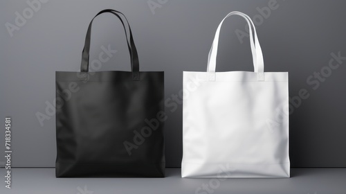  two black and white bags sitting next to each other on a gray surface with a gray wall in the background.