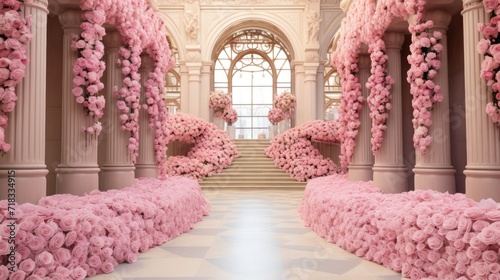 Beautifully decorated ceremonial hall for a wedding ceremony with a pink roses, wed concept