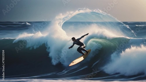 Surfers riding hude waves. Loopable. AI generated photo