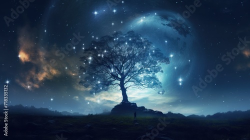  a man standing under a tree on top of a hill under a night sky with stars and a full moon.