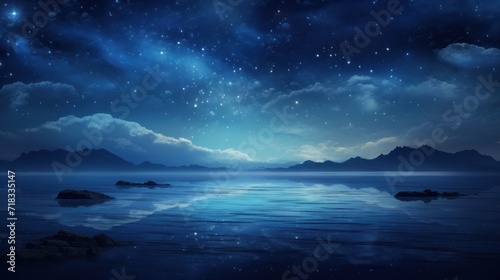  a night sky with stars and clouds over a body of water with a mountain range in the distance and a body of water in the foreground.