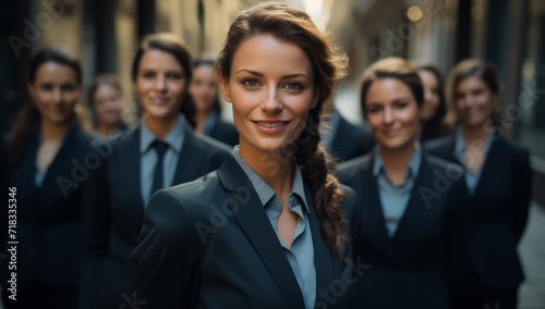 Group of women in business suits standing in front of an office. 