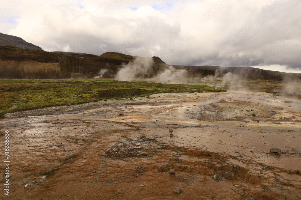 The Geysir geothermal field is a collection of hot springs, a dome and a volcanic cone that make up the remains of an ancient volcano in Iceland.