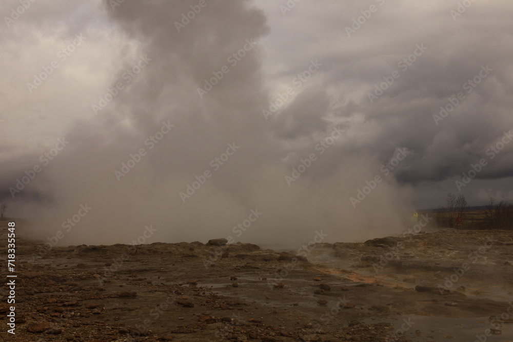 The Geysir geothermal field is a collection of hot springs, a dome and a volcanic cone that make up the remains of an ancient volcano in Iceland. The Geysir geothermal field is a collection of hot springs, a dome and a volcanic cone that make up the remains of an ancient volcano in Iceland.