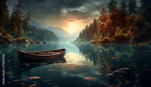 Painting illustrating a boat on a still lake surrounded by trees