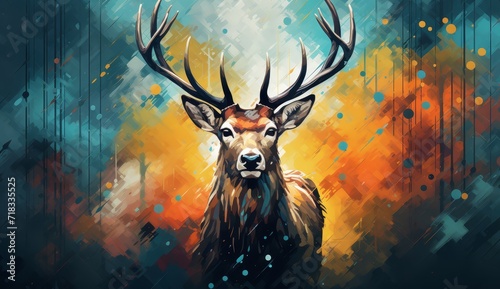 Painting of a deer with long horns © Photo And Art Panda