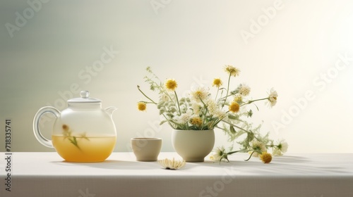  a vase filled with yellow flowers next to a tea pot and a cup filled with white flowers on a table.