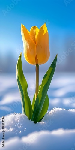 Spring is coming, new beginning, single yellow tulip in snow with clear blue sky, background banner for web, cards photo