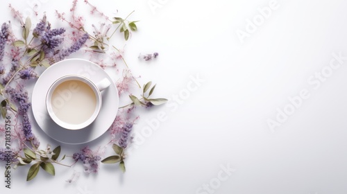  a cup of coffee sitting on top of a white saucer next to a bunch of lavender sprigs.