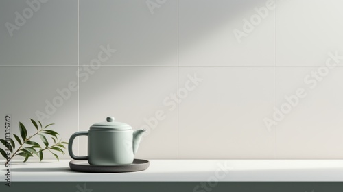  a green tea pot sitting on top of a counter next to a potted plant on top of a counter.