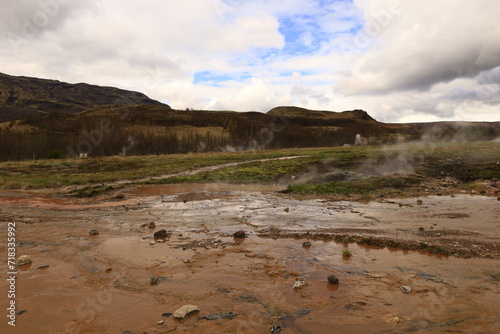 The Geysir geothermal field is a collection of hot springs  a dome and a volcanic cone that make up the remains of an ancient volcano in Iceland.