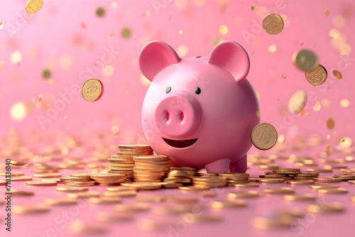 Whimsical savings scene: Pink piggy bank money box brimming with gold coins, brought to life in this enchanting 3D rendering. A visual delight for financial concepts.