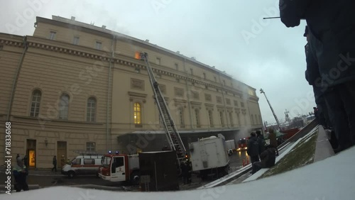 Fire training at Bolshoi Theater - fire trucks and tent with firefighters