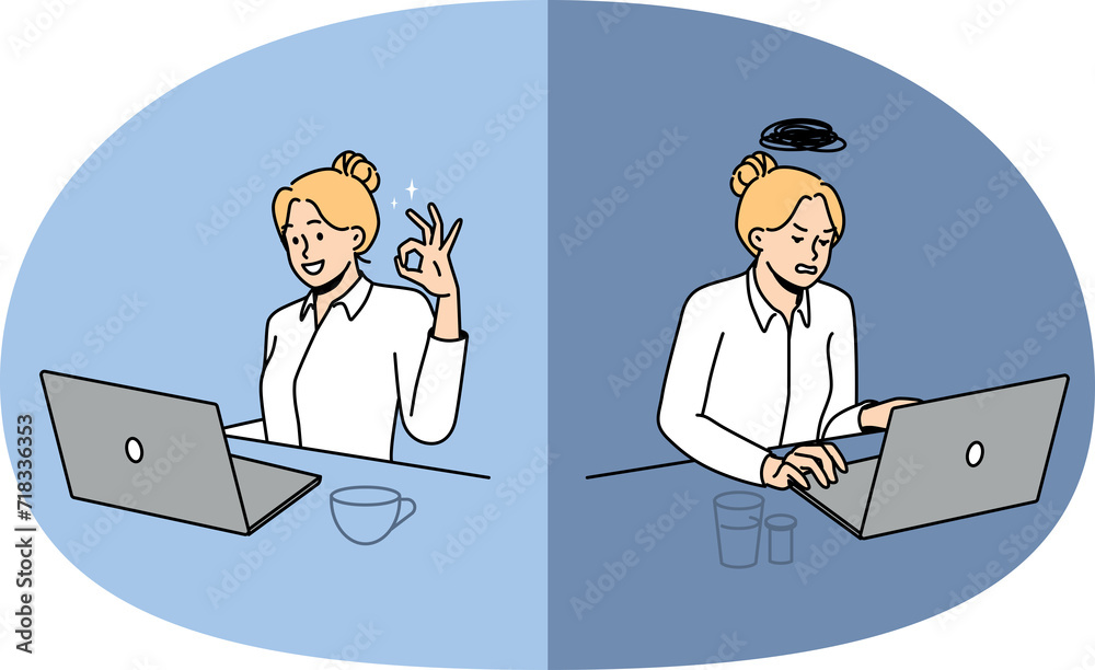 Businesswoman set work on laptop distressed overwhelmed with job versus excited with completed task. Female employee different moods in office.