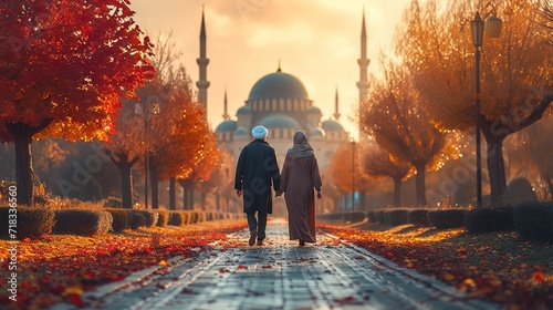 Elderly couple walking to mosque in autumn park at sunset photo
