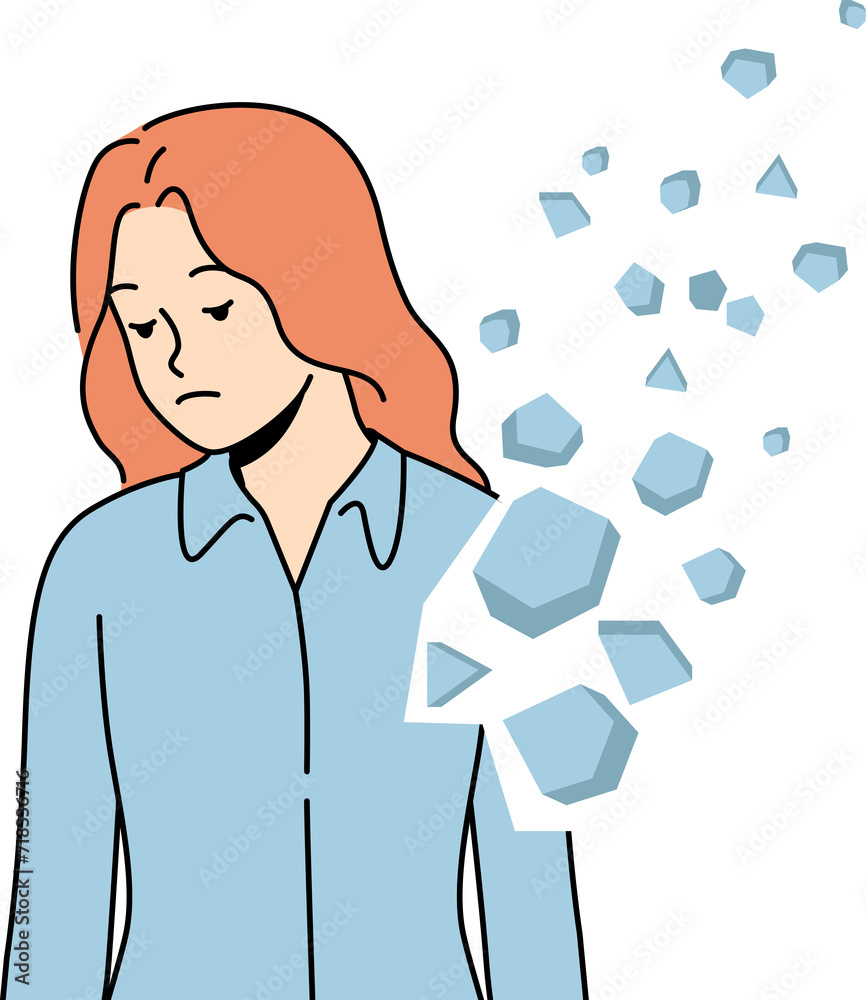 Woman with collapsing inner world needs help of psychotherapist and stands near flying fragments of own body. Concept of destruction of human soul caused by lack of moral guidelines in society Woman with collapsing inner world needs help of psychotherapist and stands near flying fragments of own body. Concept of destruction of human soul caused by lack of moral guidelines in society