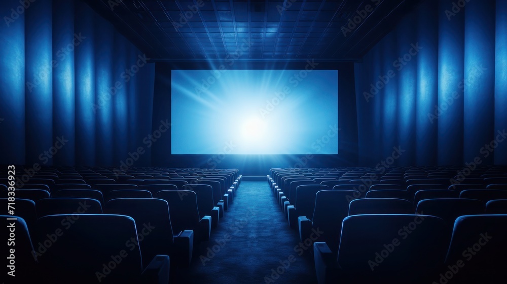 Empty of cinema in blue color with white blank screen. Mockup of auditorium no people Empty of cinema in blue color with white blank screen. Mockup of auditorium no people