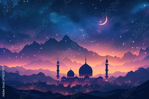 Illustration of Ramadan Kareem background with mosque, moon and stars photo
