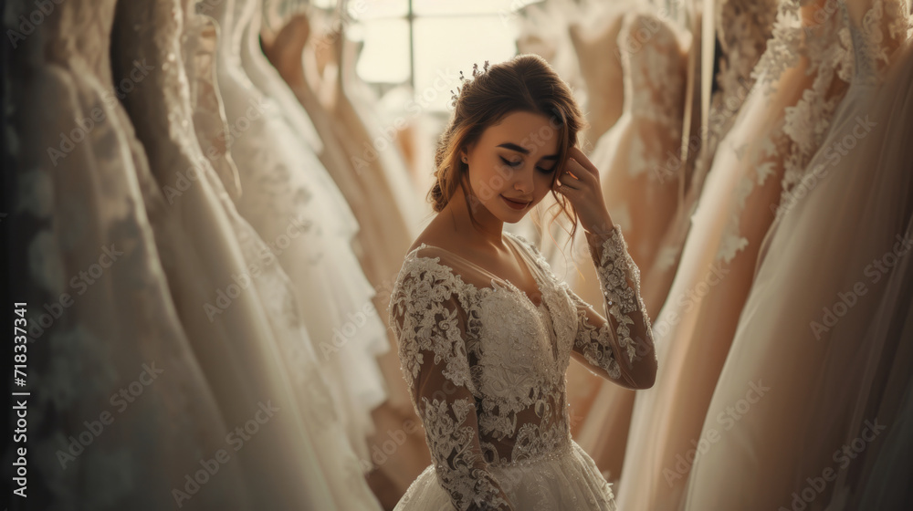 Fototapeta premium A young bride choosing wedding dress