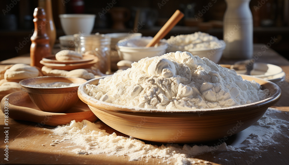 Homemade bread dough, fresh and healthy, prepared in rustic kitchen generated by AI Homemade bread dough, fresh and healthy, prepared in rustic kitchen generated by AI