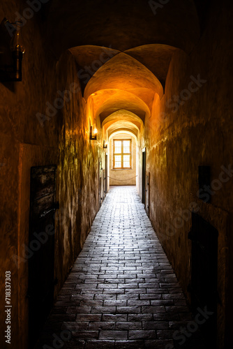Dark and empty corridor of medieval castle