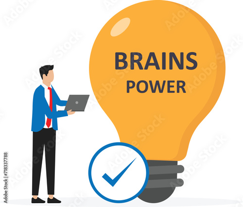 character person with a laptop, glowing light bulb coming up with ideas, symbol of creativity, creative ideas, thoughts concept

