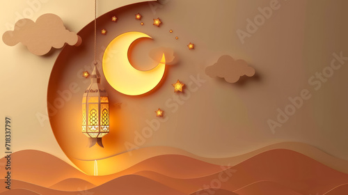warm sunset desert with crescent moon and hanging lantern