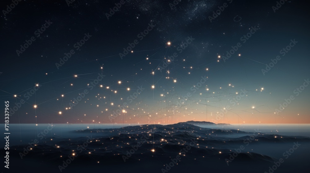  a night scene with a mountain in the distance and a lot of stars in the sky over a body of water.