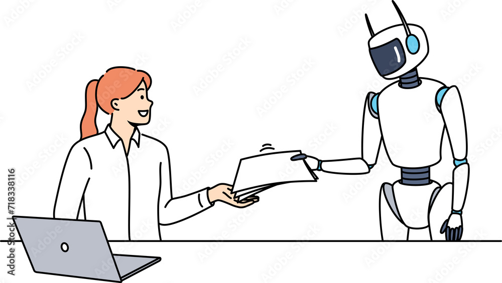 Robot assistant helps woman office worker by handing over documents and eliminating routine paperwork. Businesswoman with laptop uses services of robot to increase productivity in performing tasks. Robot assistant helps woman office worker by handing over documents and eliminating routine paperwork. Businesswoman with laptop uses services of robot to increase productivity in performing tasks.