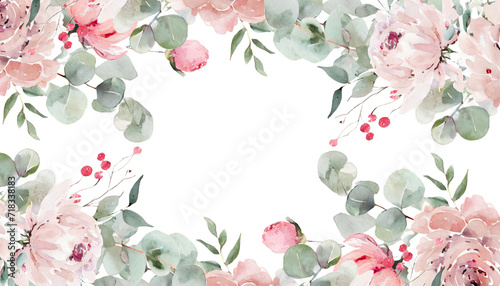 oil paint floral illustration. Pink flowers and eucalyptus greenery bouquet. Dusty roses, soft light blush peony - border, wreath, frame. Perfect wedding stationary, greetings, fashion, background photo