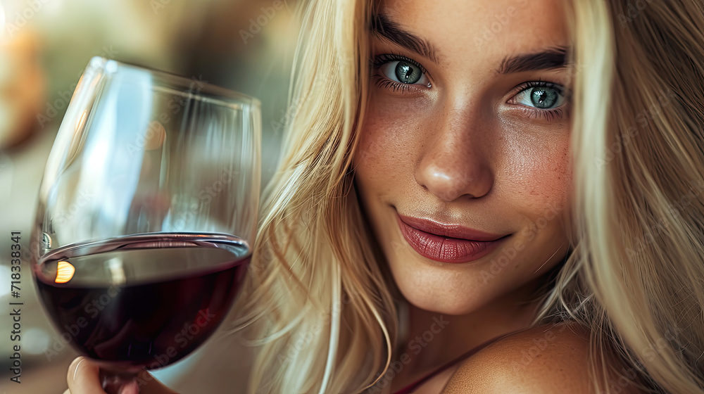Blonde woman with glass of red wine. She has green eyes and smile. Blonde woman with glass of red wine. She has green eyes and smile.