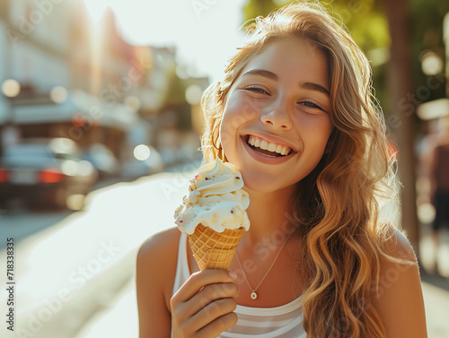 Woman Enjoying Ice Cream on a Sunny Day