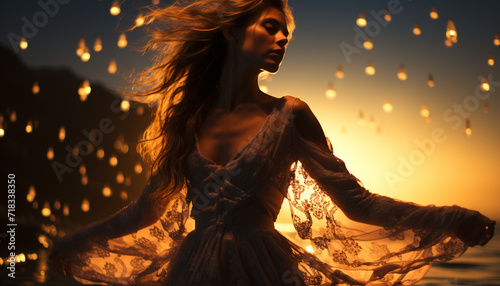 Young woman in a dress, smiling, enjoying the sunset outdoors generated by AI