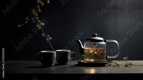  a tea pot and two cups of tea sit on a table with a plant in the middle of the table.