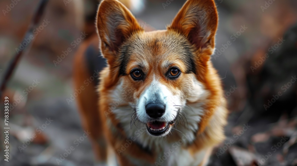 portrait of an irritable corgi with hostile behavior and an open mouth running in an open space against portrait of an irritable corgi with hostile behavior and an open mouth running in an open space against