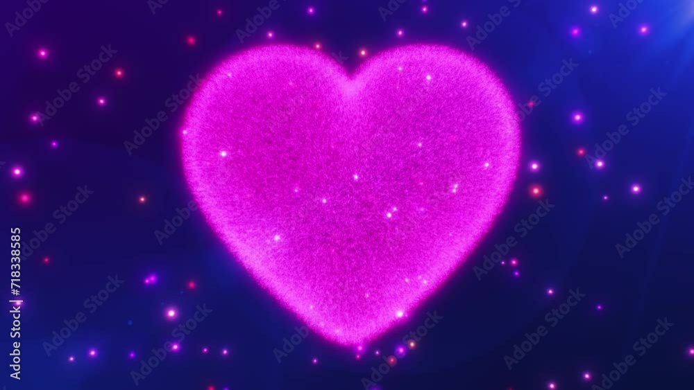 Shiny glitter pink purple beating heart. Glowing particles on dark blue background. Abstract love, Valentine day, greeting card, 4k 60fps seamless loop animation. Shiny glitter pink purple beating heart. Glowing particles on dark blue background. Abstract love, Valentine day, greeting card, 4k 60fps seamless loop animation.