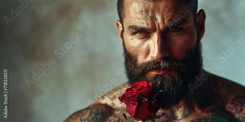 A tattooed muscular bearded man, romantic emotivity, is holding a rose in his hand photo