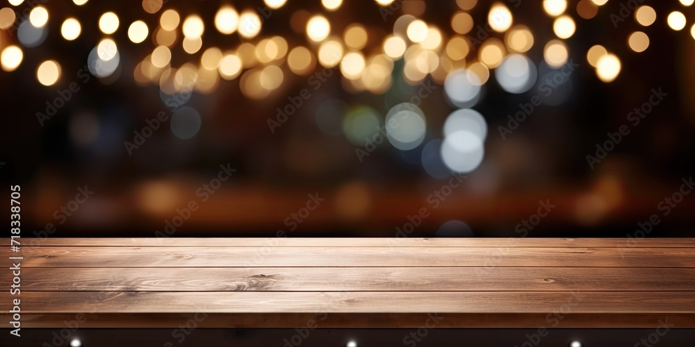 Wood table with chalkboard and blurred restaurant lights background, ideal for photo montage or product display and placing items. - obrazy, fototapety, plakaty 