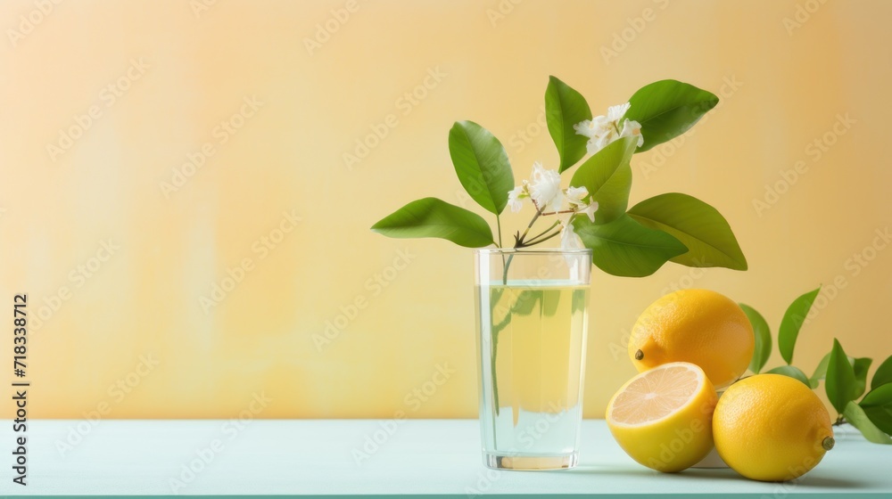a glass of water with lemons and a branch of a lemon tree in front of a glass of water. a glass of water with lemons and a branch of a lemon tree in front of a glass of water.