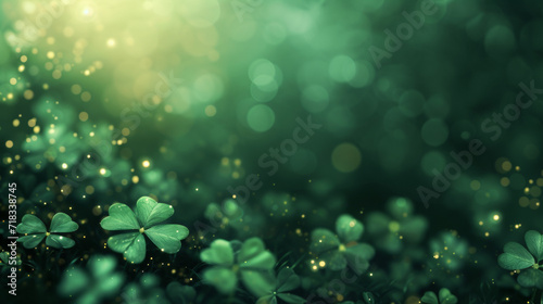 Saint Patrick's Day dark green and gold bokeh background with shamrock shapes. Concept for greeting cart, poster, banner, flyer, web pages.